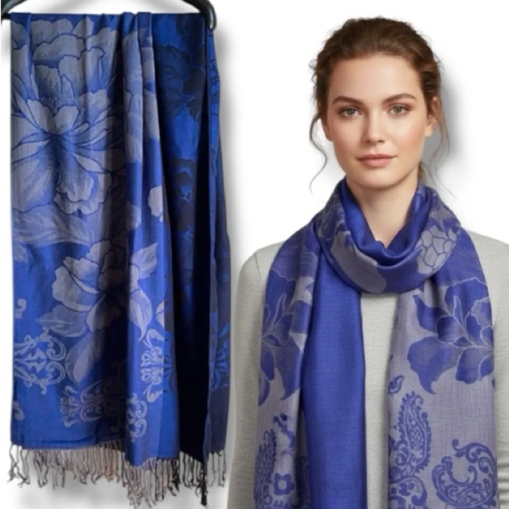 Large Damask Floral Print Scarf/Wrap | Blue/Purple with Twisted Fringes 68”x20”
